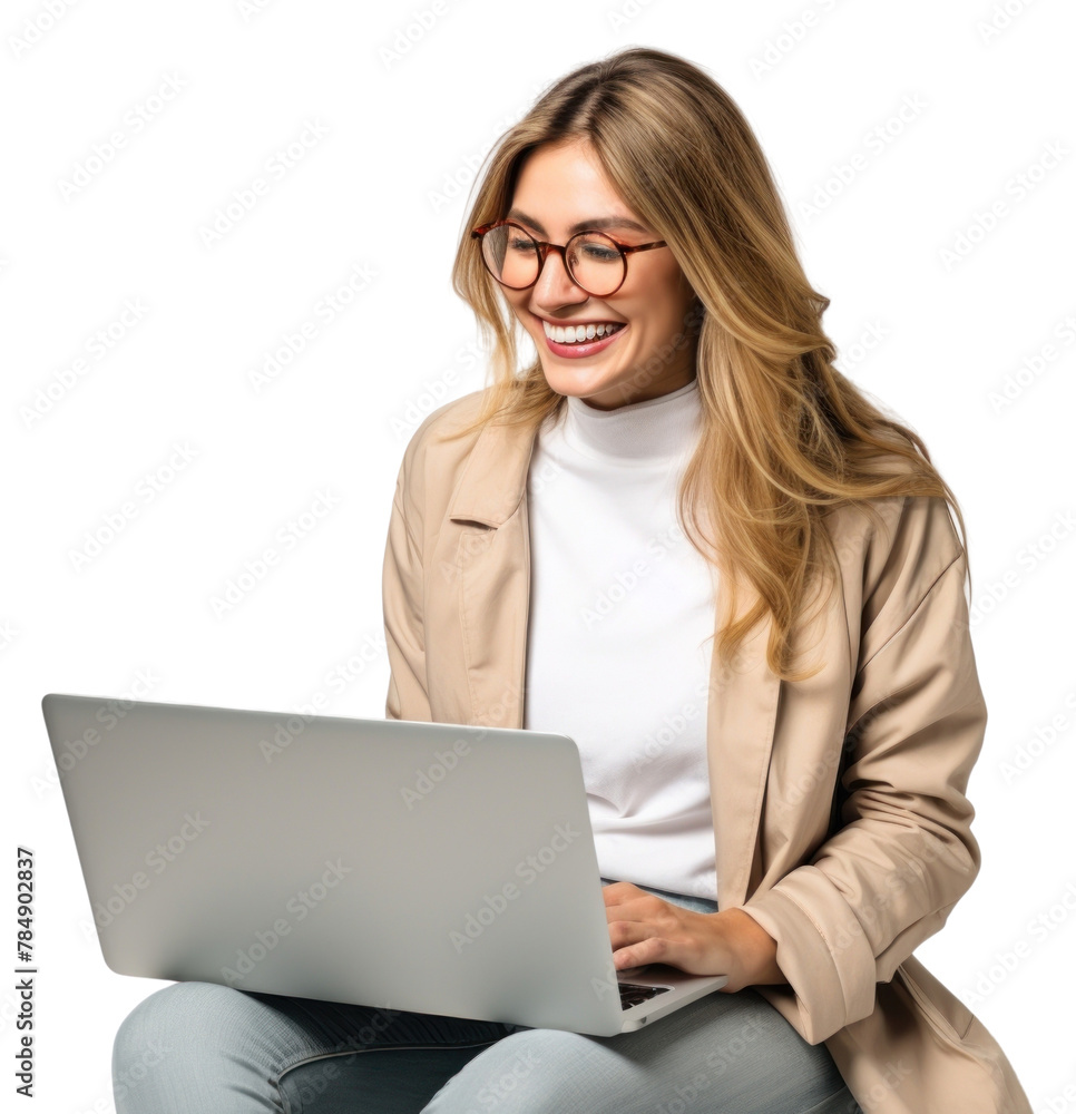 PNG Woman using laptop computer glasses sitting PNG Woman using laptop computer glasses sitting