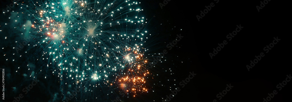 Banner Green firework in night time celebrate national holiday. Green Firework celebrate anniversary happy new year 2024 4th of july holiday festival. Countdown New year 2025 festival with copy space - obrazy, fototapety, plakaty 