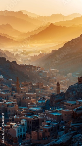 A desert city nestled against a backdrop of mountains at dawn, panoramic view capturing the unique landscape