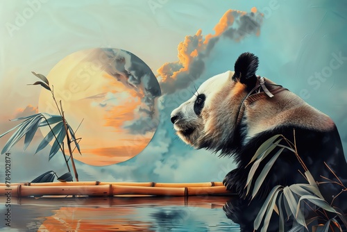 A panda in a smock gently brushes bamboo silhouettes against a sunset backdrop, its gentle strokes observed in peaceful closeup photo