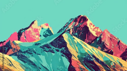 A jagged mountain range in bold pop art colors, contrasting with a bright turquoise sky