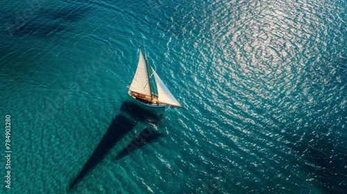 A lone sailboat with billowing white sails, casting a long shadow as it traverses a vast turquoise sea