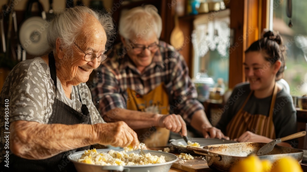 A woman is smiling while preparing food with two other people