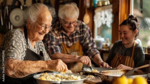 A woman is smiling while preparing food with two other people