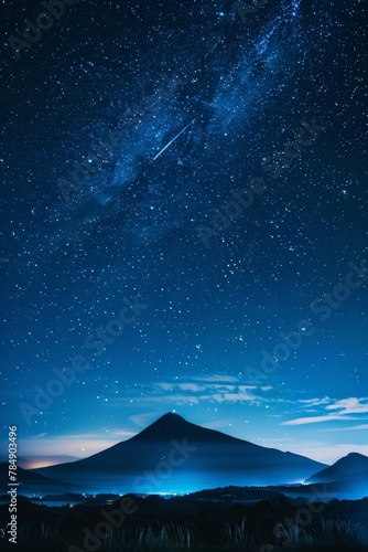 A meteor shower streaking across a starry night sky above a silhouetted mountain range