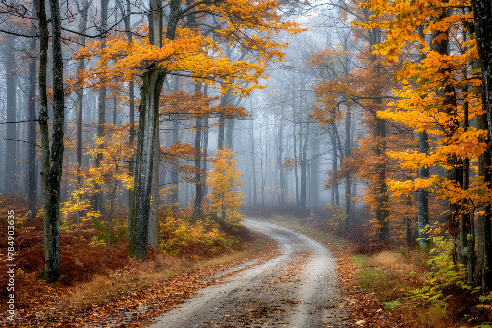 Fototapeta premium Country road through the forest in autumn fog, orange yellow leaves, winding path through the mist