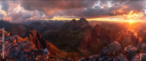 A panorama of a breathtaking sunset over a vast mountain range, showcasing the dramatic peaks bathed in warm light © ktianngoen0128