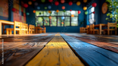 Warm Kindergarten Atmosphere  Empty Table Surface amidst Vibrant