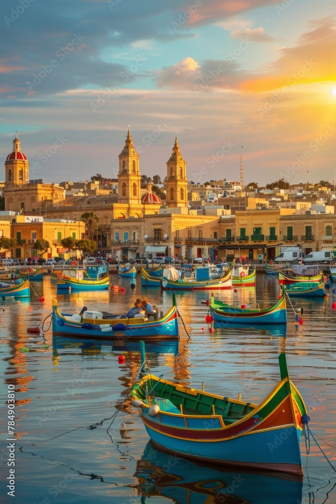 A panoramic vista of a bustling coastal town at sunset, with colorful boats in the harbor and historic buildings bathed in golden light