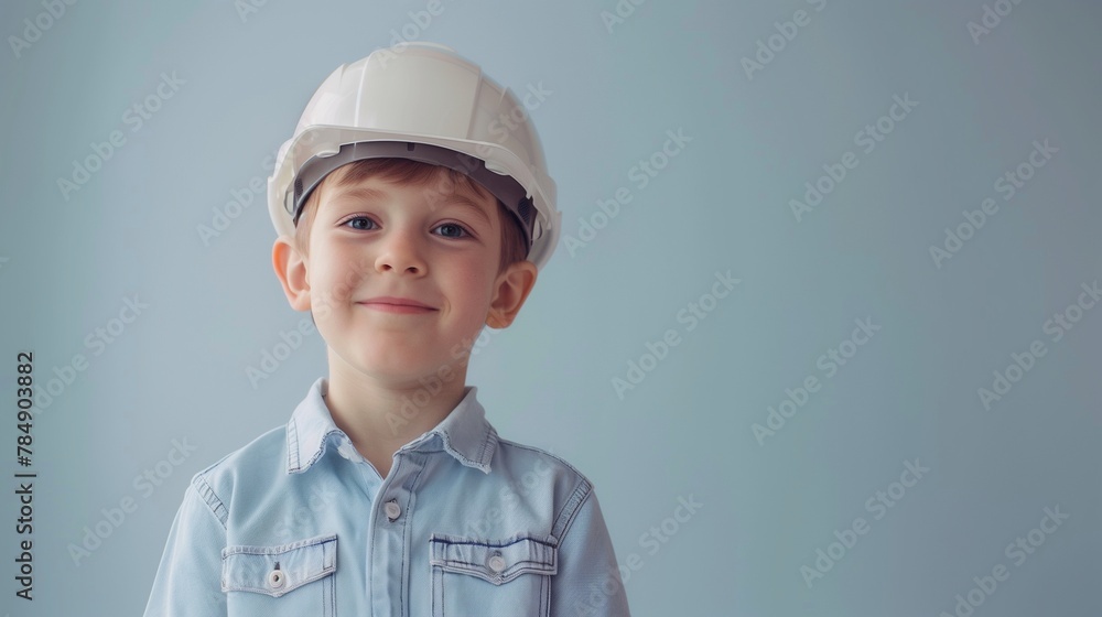 Little boy wearing white helmet dream job profession safety protection Little boy wearing white helmet dream job profession safety protection