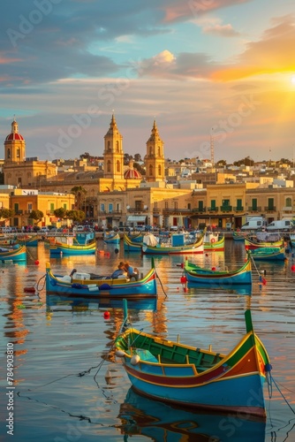 A panoramic vista of a bustling coastal town at sunset, with colorful boats in the harbor and historic buildings bathed in golden light