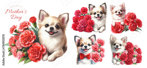 Chihuahua puppy and red carnation watercolor illustration material set