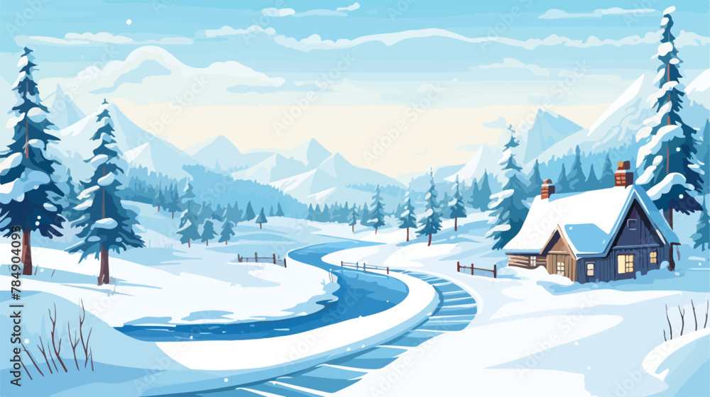 Winter landscape with guest houses vector illustration