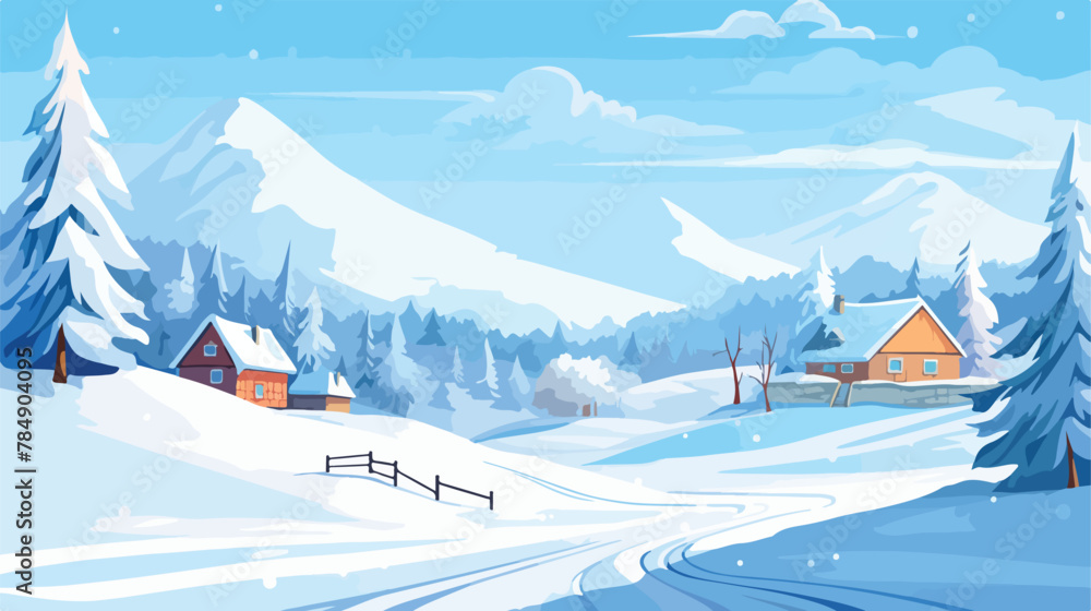 Winter landscape with guest houses vector illustration