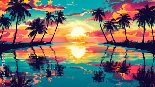A pop art seascape with a fiery sunset, exaggerated colors, simplified shapes of palm trees silhouetted against the sky