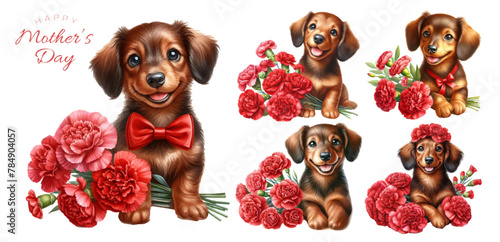 Miniature dachshund puppy and red carnation watercolor illustration material set