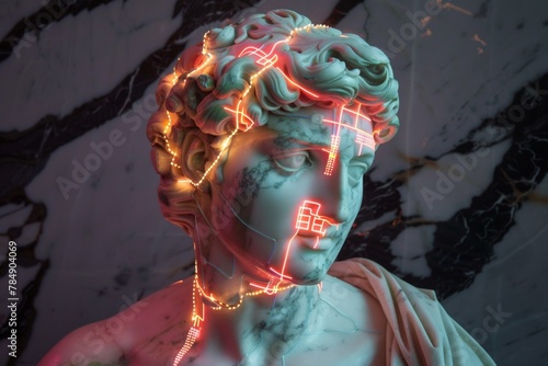 A fragmented hologram of a classical statue, reassembled with digital circuits and neon accents photo