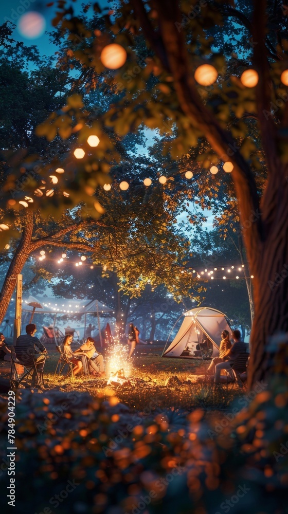 A vibrant scene of a campsite at dusk, with friends gathered around a campfire, illuminated by warm glowing light A vibrant scene of a campsite at dusk, with friends gathered around a campfire, illuminated by warm glowing light