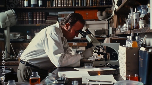 In a cluttered study a scientist concentrates on a droplet of liquid under a microscope taking meticulous notes as they uncover the secrets of its chemical composition. .