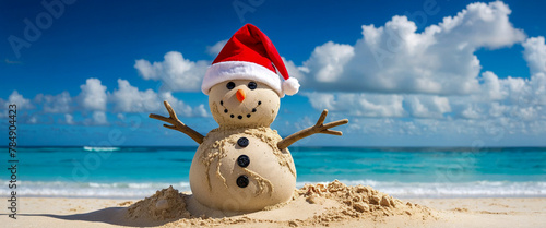 Tropical Paradise Playground  Sand Snowman with Santa Hat on the Beach