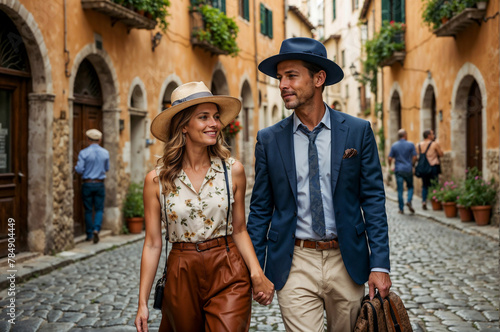 La Dolce Vita for Two: Glamorous Couple Strolls Hand-in-Hand Through Idyllic Italian Village 