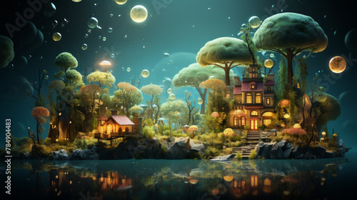 Mysterious cabin in fantasy jungle at night © nan