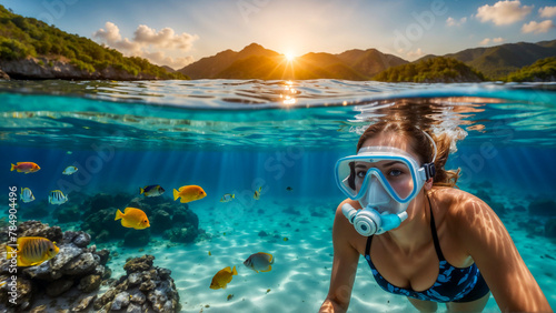 Ocean Paradise Explored: A Beautiful Girl Snorkels Among a Dazzling Array of Tropical Fish with a Tropical Island in the Background photo