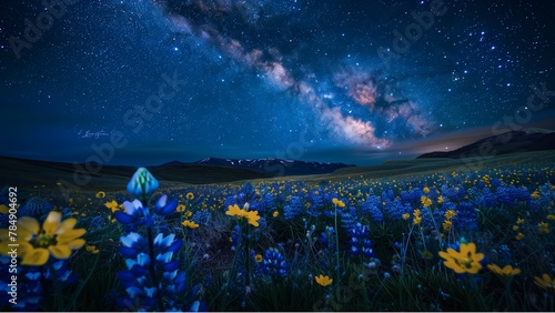 landscape with flowers meadow, a stunning night sky filled with stars and the Milky Way, casting a celestial glow over a wildflower field