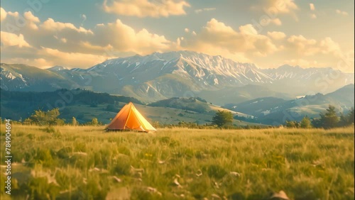 Camping tent put up on green grass. 4k video animation photo