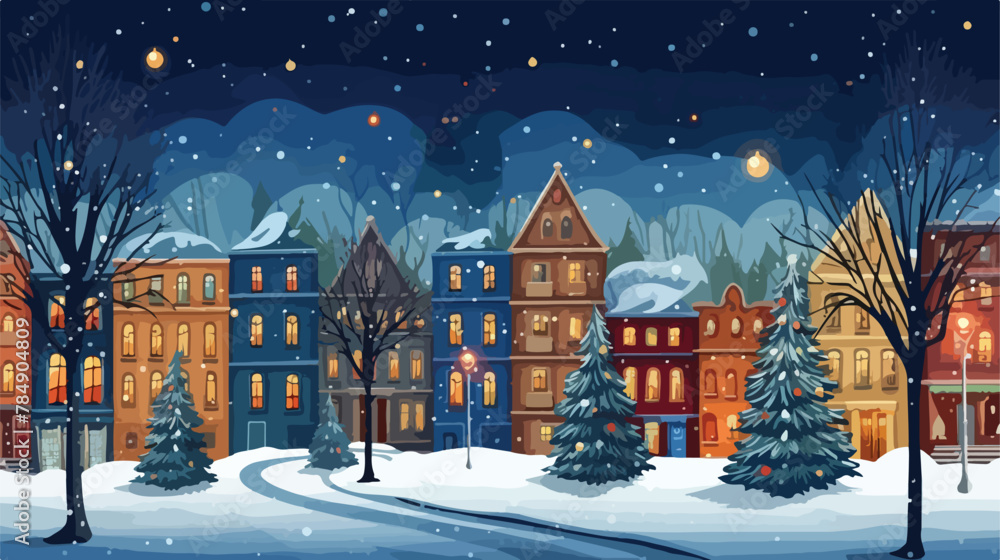 Winter night townscape with houses and decorated fi