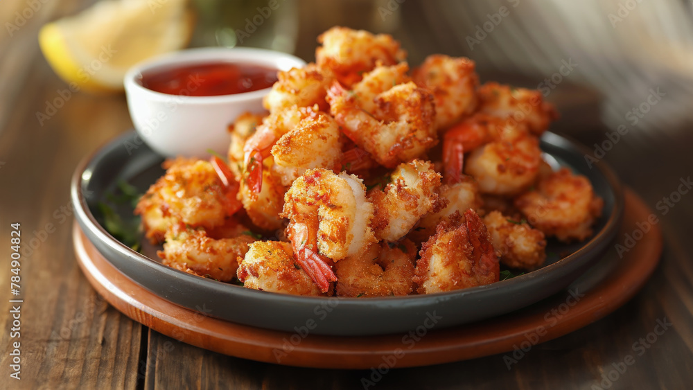 A plate of breaded fried shrimp and cocktail sauce on a plate on a wooden kitchen counter. A plate of breaded fried shrimp and cocktail sauce on a plate on a wooden kitchen counter.