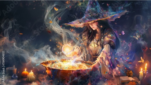 a fantasy-themed illustration depicting a witch performing a magical ritual. She is dressed in a detailed, flowing gown with a large brimmed hat adorned with symbols © CNISAK