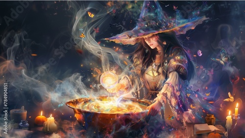 a fantasy-themed illustration depicting a witch performing a magical ritual. She is dressed in a detailed, flowing gown with a large brimmed hat adorned with symbols