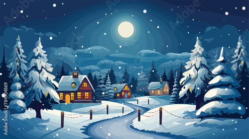 Winter night townscape with houses and decorated fi