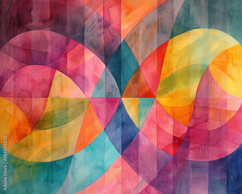 A colorful painting of two circles with a rainbow background