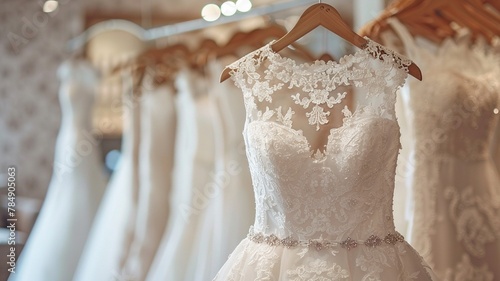 Elegant and sophisticated bridal gown hanging on a hanger. Hanging on a hanger.