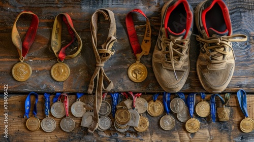 worn pair of running shoes displayed beside a collection of medals earned at races supporting various causes