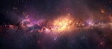 View the mesmerizing beauty of a distant galaxy, showcasing a plethora of shimmering stars orbiting around a luminous purple center