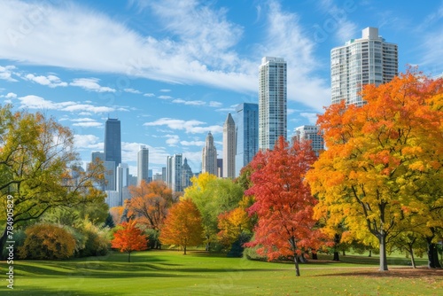 Panoramic view of a city park during the vibrant fall season, colorful foliage contrasting with skyscrapers