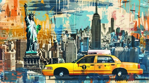 Pop art collage of iconic New York City landmarks: the Statue of Liberty, Empire State Building, yellow taxi