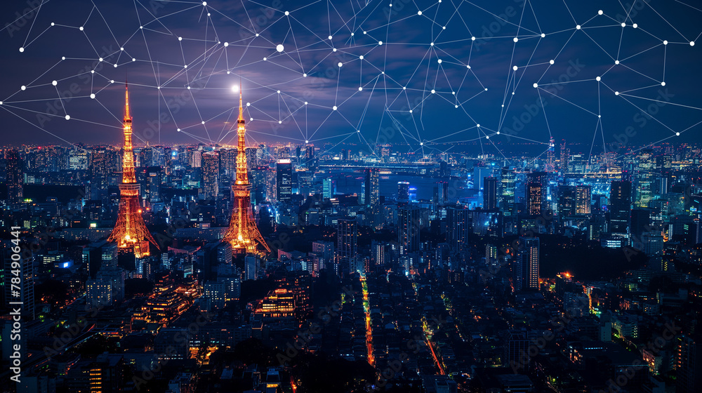 Fototapeta premium Emails with aerial view of Tokyo, Japan at night.