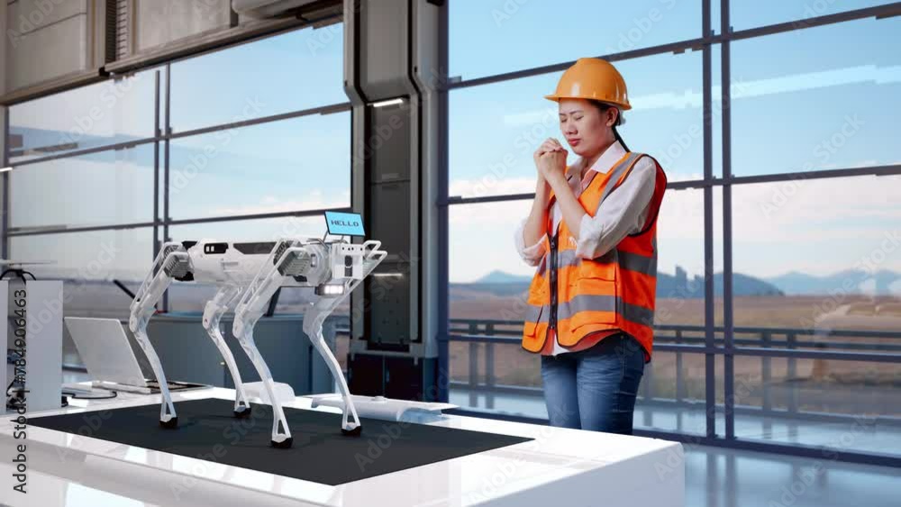 Full Body Side View Of Asian Female Engineer With Safety Helmet Pray For Something While Standing In High Tech Factory, Analyzing Robotic Machine Concept Full Body Side View Of Asian Female Engineer With Safety Helmet Pray For Something While Standing In High Tech Factory, Analyzing Robotic Machine Concept