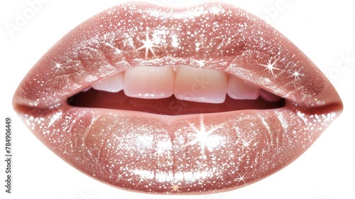 Soft pale pink lips adorned with a layer of glittering gloss adding a touch of glam to any look. .