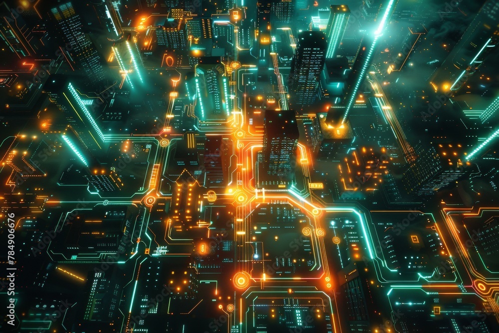 Top-down view of a city illuminated by streetlights and neon signs, resembling a sparkling circuit board Top-down view of a city illuminated by streetlights and neon signs, resembling a sparkling circuit board