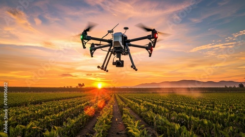 Agricultural Drone Surveying and Spraying Farmland at Sunset
