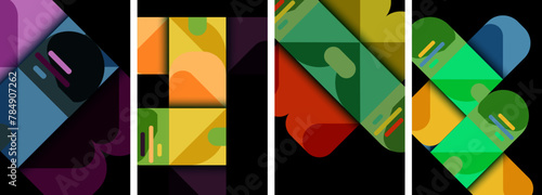 Vibrant colors and geometric shapes like rectangles and triangles create a bold and eyecatching pattern on a black background, showcasing the artistry and symmetry of the design