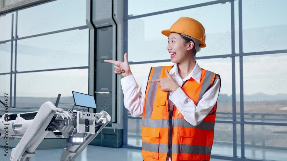 Asian Female Engineer With Safety Helmet Smiling And Pointing To Side While Standing In High Tech Factory, Analyzing Robotic Machine Concept Asian Female Engineer With Safety Helmet Smiling And Pointing To Side While Standing In High Tech Factory, Analyzing Robotic Machine Concept