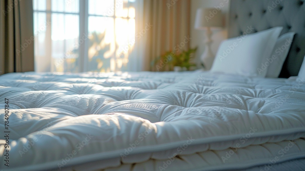 Bright room with a white quality mattress on the bed. Interior of bedroom, cozy sleeping quarters, hotel room, journey, holiday idea Bright room with a white quality mattress on the bed. Interior of bedroom, cozy sleeping quarters, hotel room, journey, holiday idea
