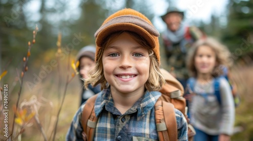 A young boy with a brown hat and a backpack is smiling at the camera