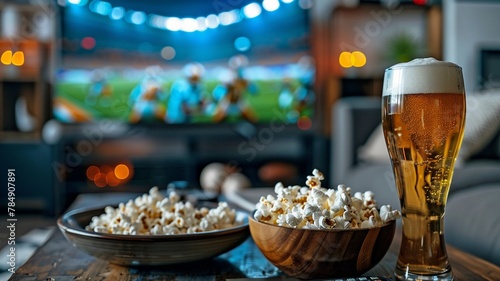 spending time at home watching football. Perspective of a modern TV with an American football stadium, a bowl of popcorn, and a glass of beer resting on a table.